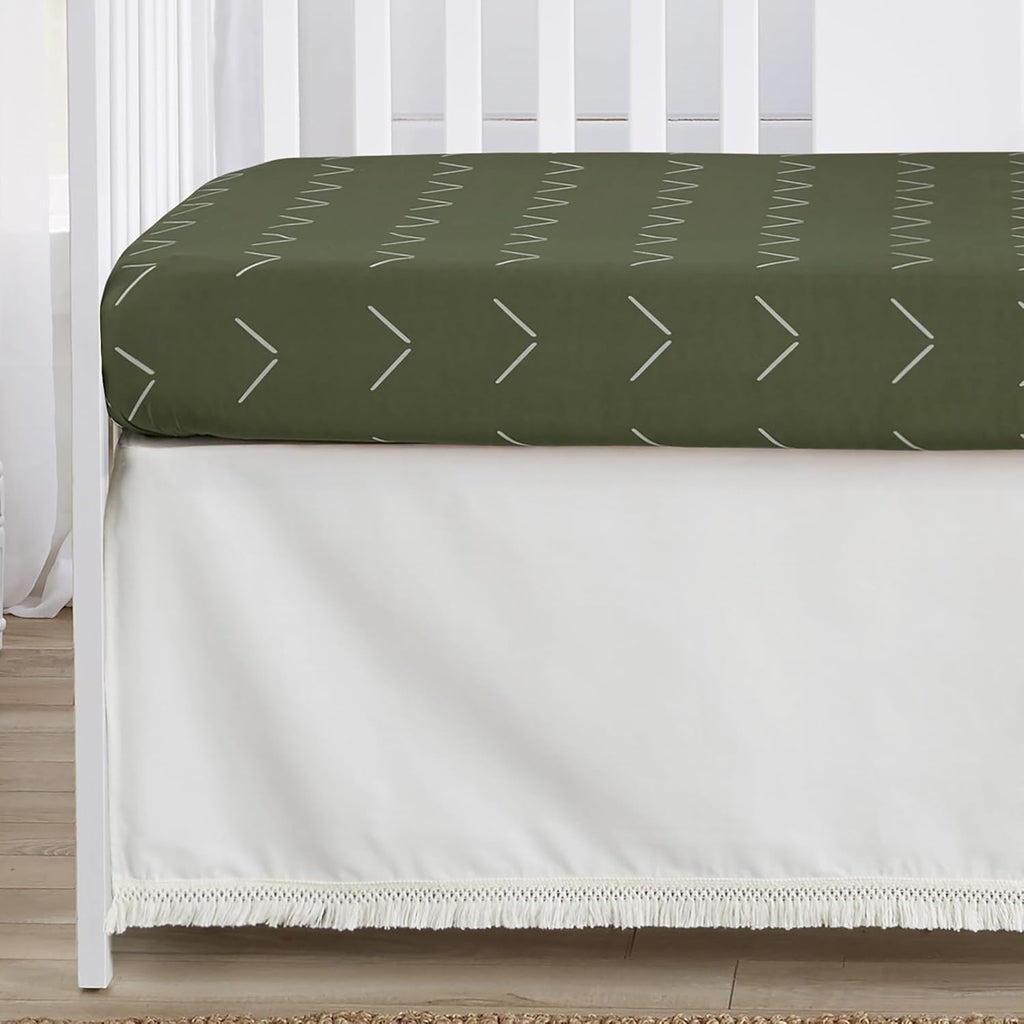 Sweet Jojo Designs 4-Piece Baby Crib Bedding Set (Boho Chic) for Boys or Girls, Infants/Nursery incl. Cotton Blanket, Fitted Sheet, Skirt, Diaper Stacker (Sage Green, Gender Neutral, Unisex Farmhouse)