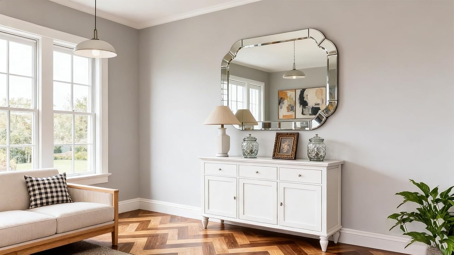 39.4" x 27.6" Wall Mounted Living Room Mirrors for Wall, Scalloped Arched Wall Mirror Decorative with Beveled Wavy Rounded Corner for Bathroom, Dining Room, Entry Way