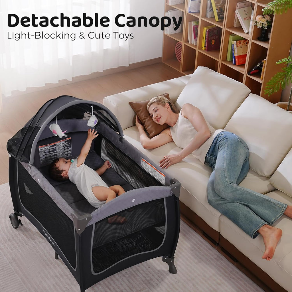 Pamo Babe Baby Playard with Canopy, Portable Crib with Changing Table