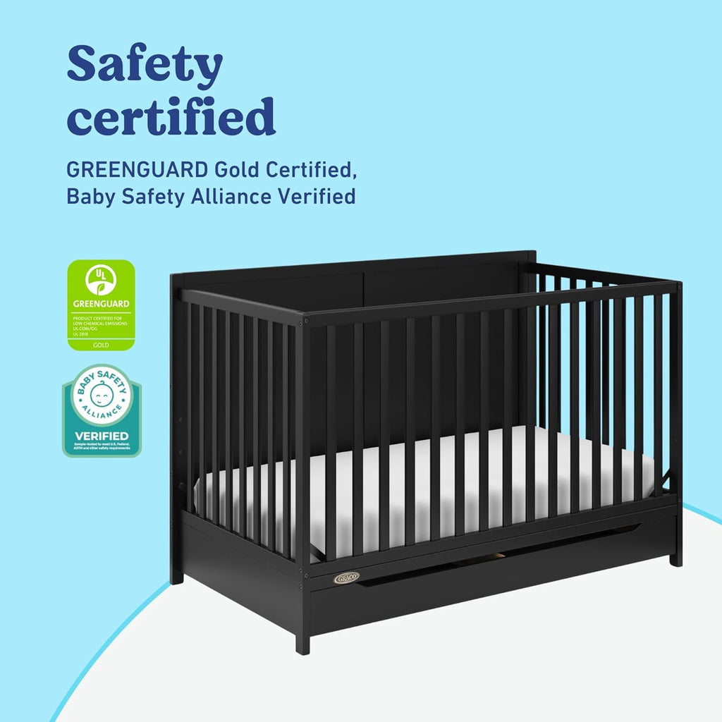 Graco Melrose 5-in-1 Convertible Crib with Drawer – GREENGUARD Gold Certified, Fits Standard Crib Mattress, Converts to Toddler Bed, Daybed and Full Bed, 4 Adjustable Mattress Heights (Black)