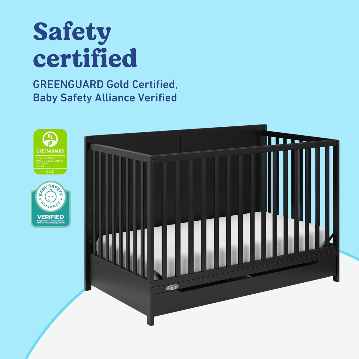 Graco Melrose 5-in-1 Convertible Crib with Drawer – GREENGUARD Gold Certified, Fits Standard Crib Mattress, Converts to Toddler Bed, Daybed and Full Bed, 4 Adjustable Mattress Heights (Black)