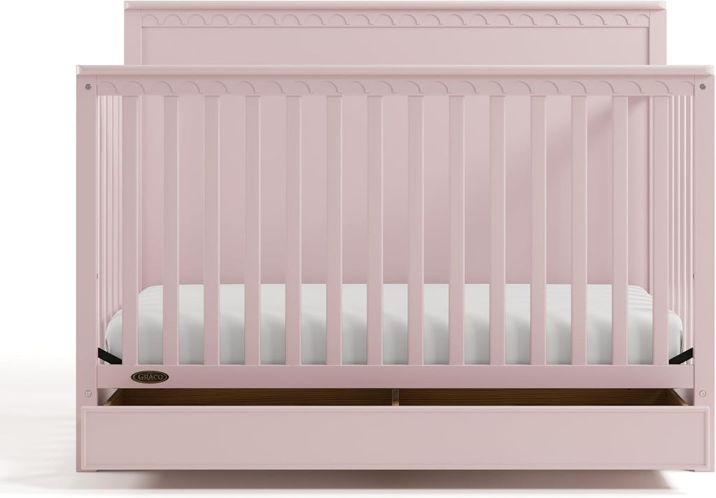 Graco Sasha 5-in-1 Convertible Crib with Drawer – GREENGUARD Gold Certified Wood Crib, Converts to Toddler Bed, Daybed, Full-Size Bed, Stylish Classic Design (Blush)