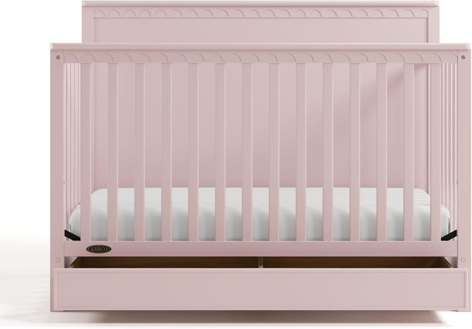 Graco Sasha 5-in-1 Convertible Crib with Drawer – GREENGUARD Gold Certified Wood Crib, Converts to Toddler Bed, Daybed, Full-Size Bed, Stylish Classic Design (Blush)