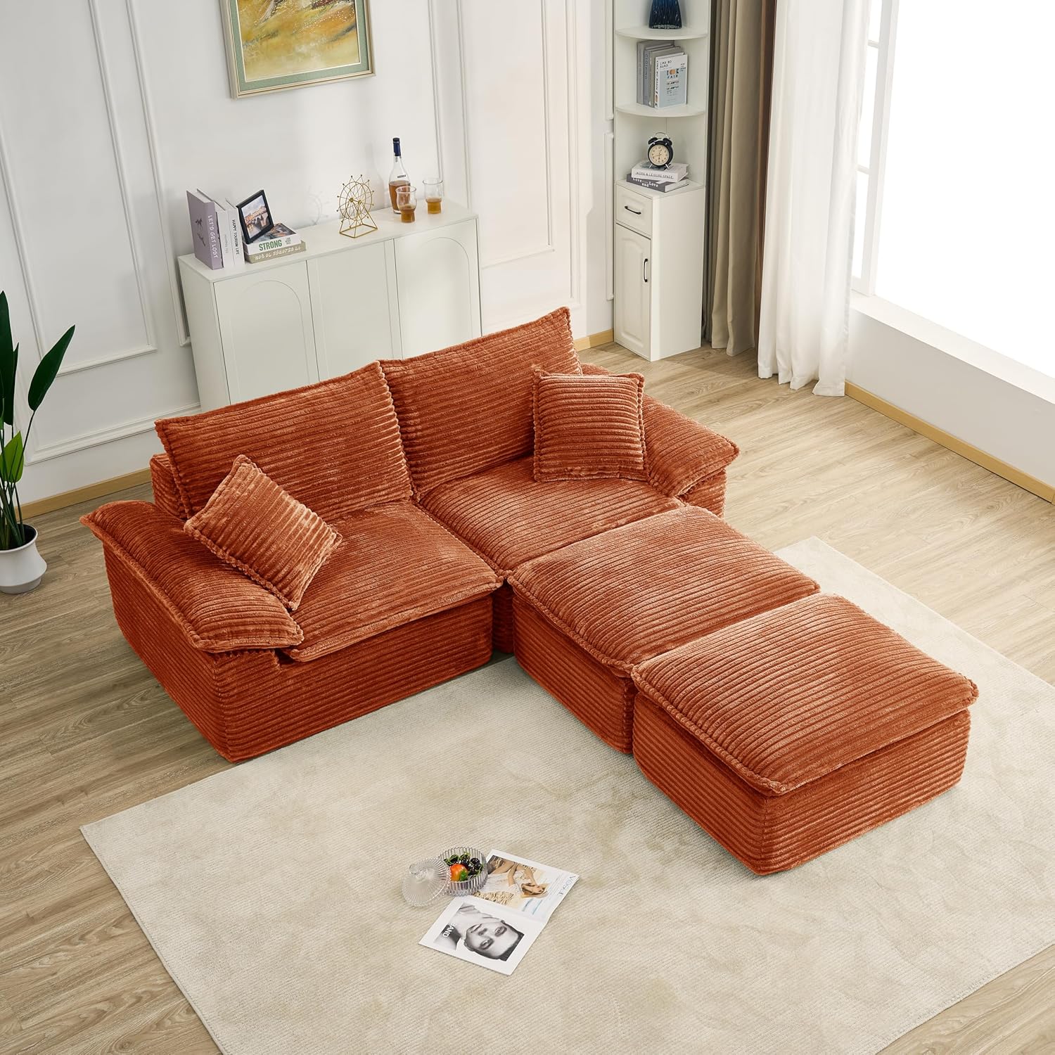 Oversized Double Sofa Chair with Movable 2-Layer Ottomans, Corduroy Chaise Lounge Chair with Armrests, Pillows, Oversized Accent Chairs Couch for Living Room, Bedroom, No Assembly (Orange)