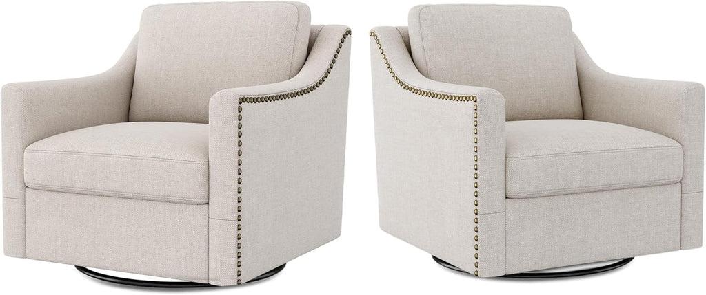Swivel Accent Chair Set of 2, Modern Comfy Linen Upholstered Barrel Armchair with Nailhead Decor and Metal Base, Soft Oversized Round Chair for Living Room, Bedroom, Club (2, Beige)