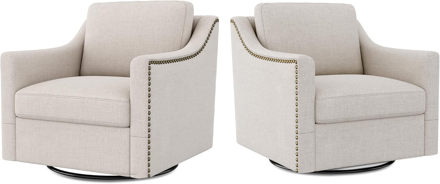 Swivel Accent Chair Set of 2, Modern Comfy Linen Upholstered Barrel Armchair with Nailhead Decor and Metal Base, Soft Oversized Round Chair for Living Room, Bedroom, Club (2, Beige)