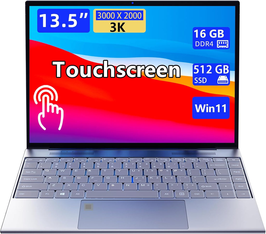 13.5-inch portable touchscreen laptop computer,16GB RAM,512GB SSD,3K (3000×2000) IPS,Celeron N95 processor up to 3.4 GHz,10000mAh battery,backlit keyboard,fingerprint unlocking,Windows 11,slim laptops