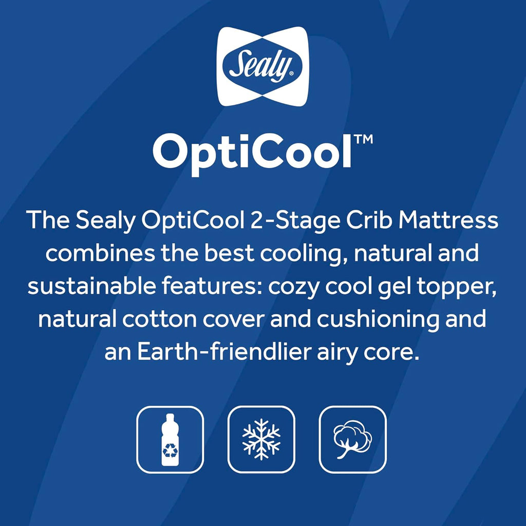 Sealy Baby OptiCool Breathable Crib Mattress, GREENGUARD GOLD Certified, Made in USA, Toddler Bed Fit, 2 Stage Cooling Memory Foam, Non Toxic, Airy Cotton Cover, Safety & Quality Tested, 52x28"