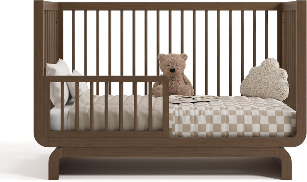 Storkcraft Santorini 5-in-1 Convertible Crib with Toddler Guardrail – GREENGUARD Gold Certified, Conversion Kit Included, 100% Solid Wood, Fits Standard Crib Mattress (Hazelnut)