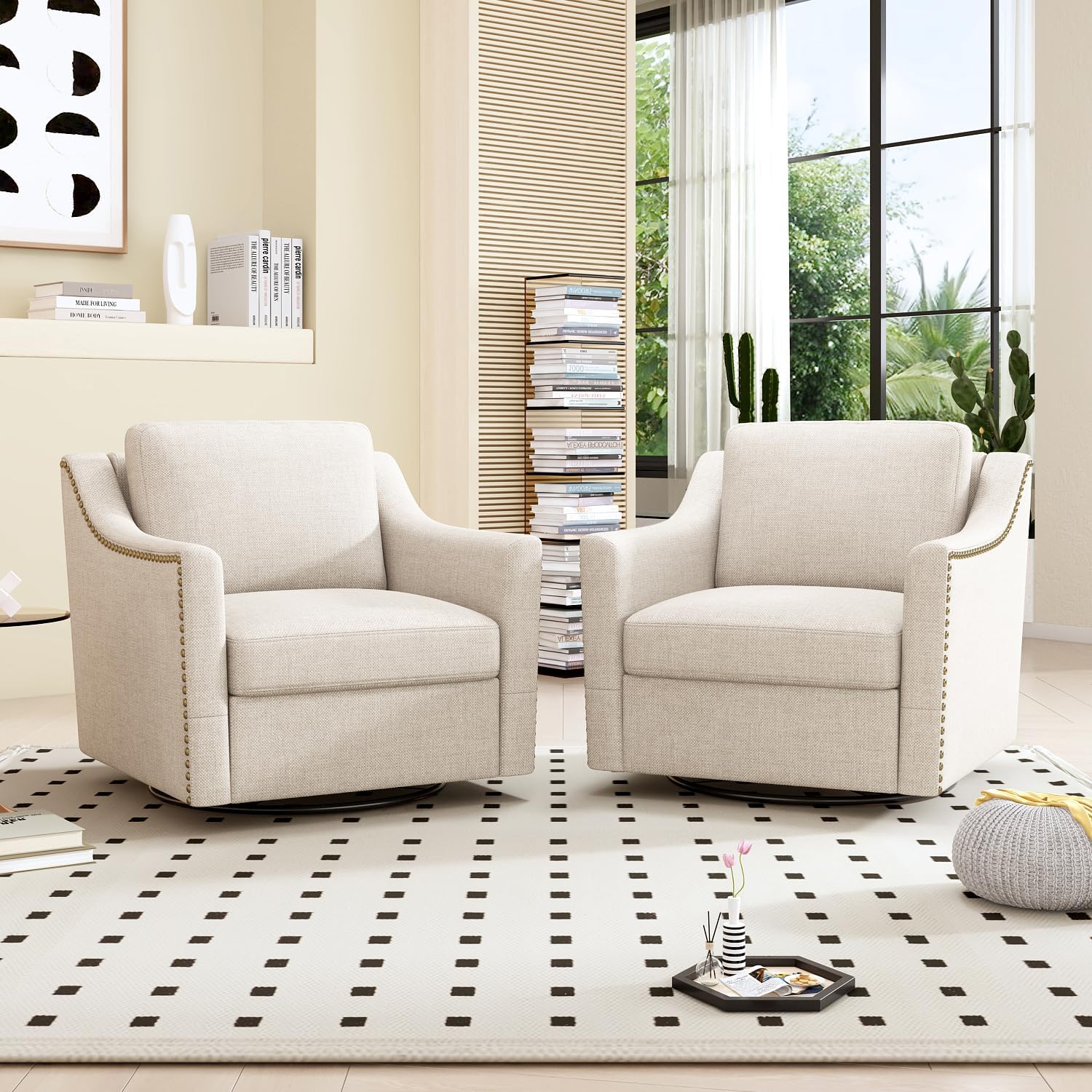 Swivel Accent Chair Set of 2, Modern Comfy Linen Upholstered Barrel Armchair with Nailhead Decor and Metal Base, Soft Oversized Round Chair for Living Room, Bedroom, Club (2, Beige)