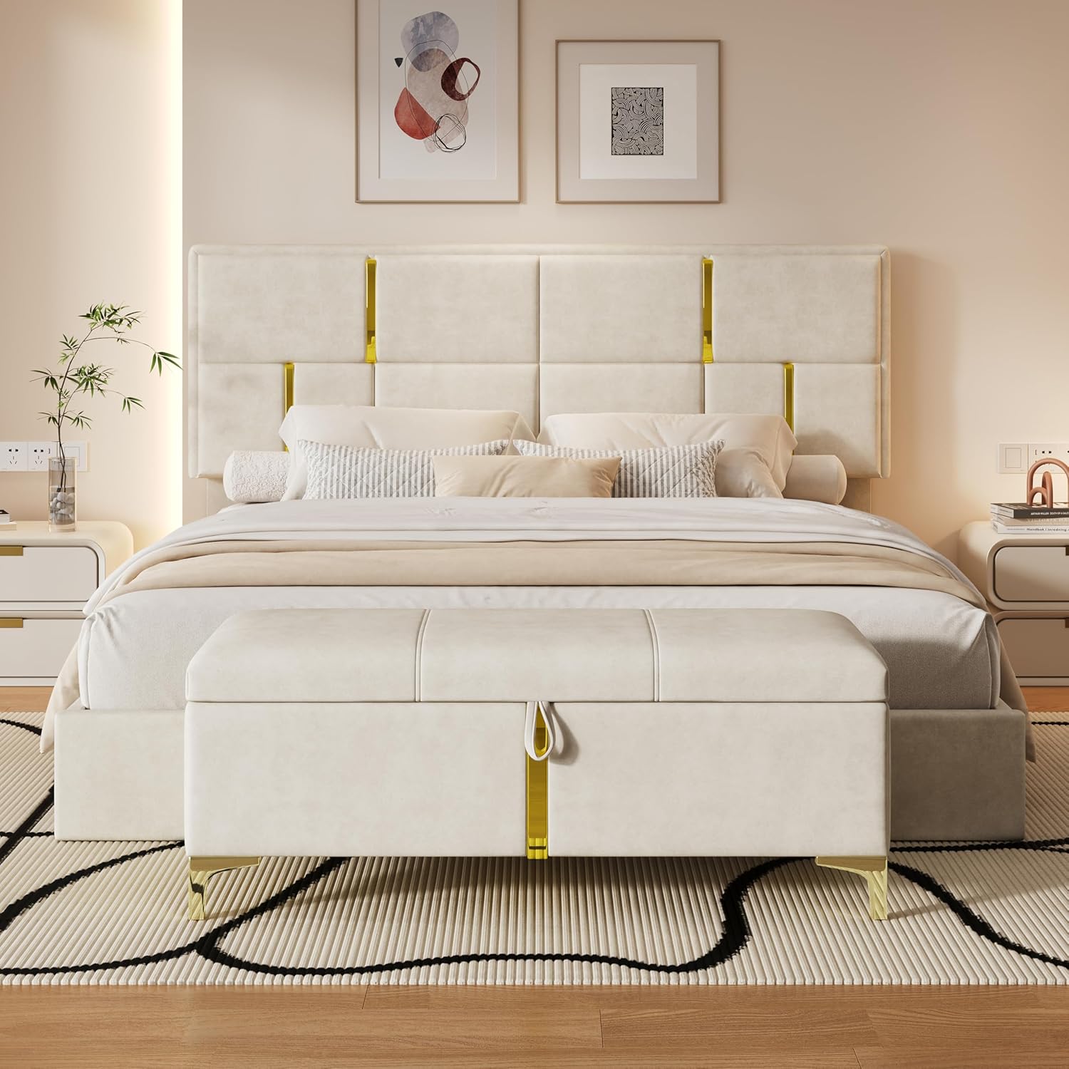 GDFStudio Gomar 2-Piece Bedroom Sets, Queen Size Storage Bed Frame with Hydraulic Lift & Ottoman Bench, Velvet Upholstered Platform Bed, Soft Fabric Headboard, No Spring Box Needed, Gold Decor, Beige