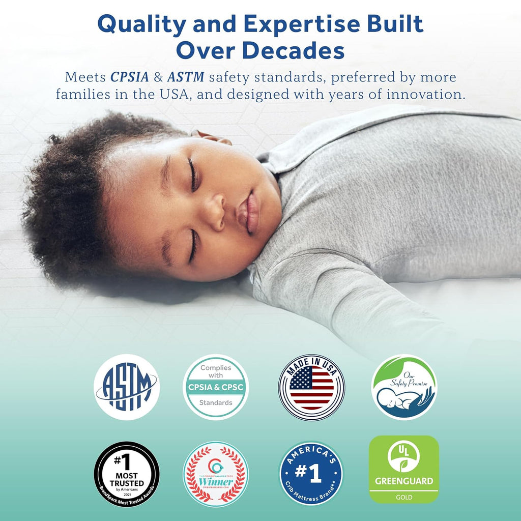 Sealy Baby Cozy Brilliance Breathable Crib Mattress, GREENGUARD GOLD Certified, Made in USA, Firm Dual Firmness, Toddler Bed Fit, Rayon, Waterproof, Non Toxic, Washable Zip Cover, 52” x 28