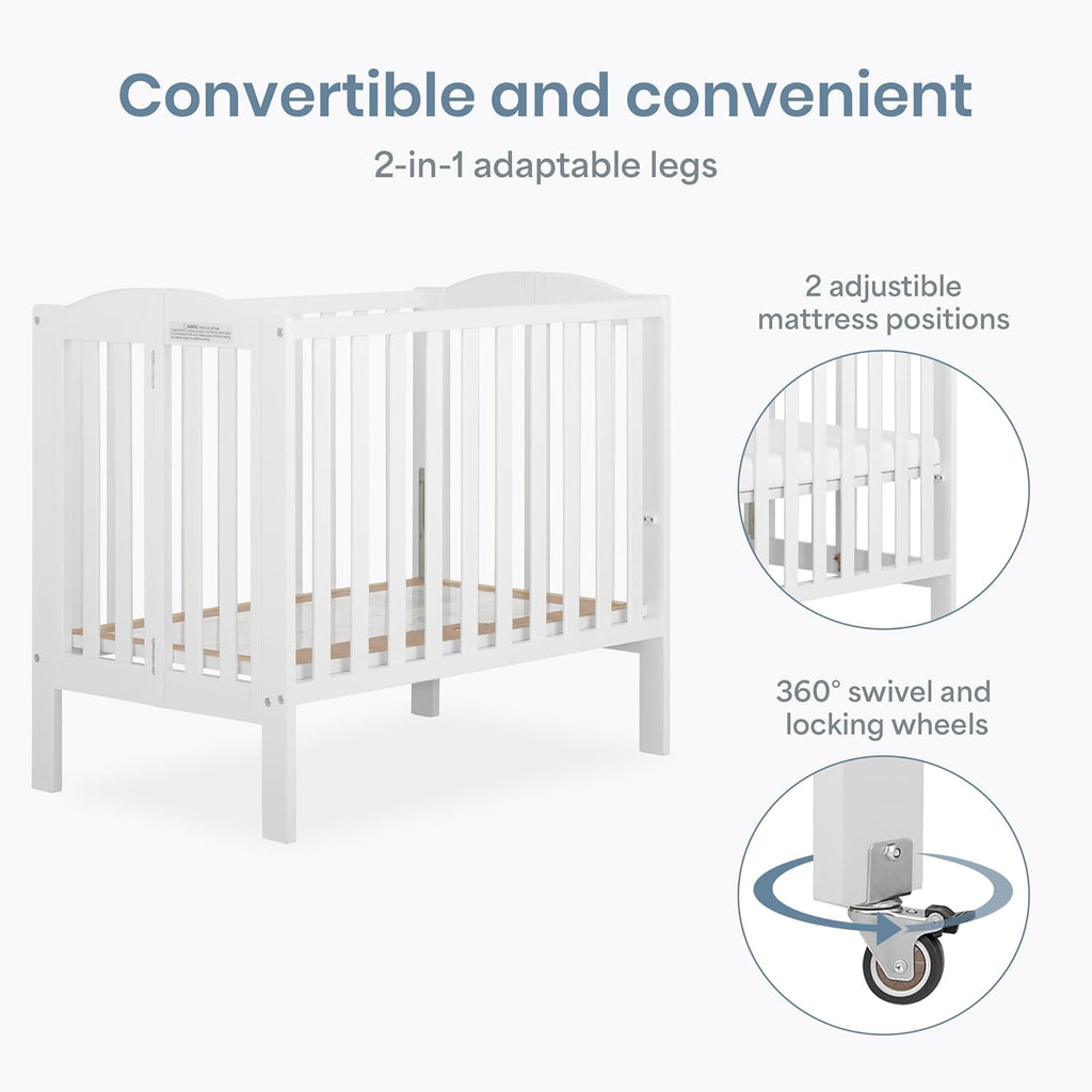 Dream On Me 2-in-1 Portable Mini Crib, Non-Full Size Baby Crib for Small Spaces, 2 Mattress Heights, Compact Travel Design, Includes Mattress, GREENGUARD Gold & BSA Certified, White
