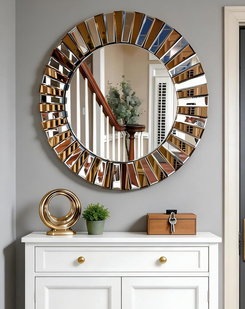 Round Wall Mirror Decorative Sunburst Silver-Brown Crystal Edge 32 inch