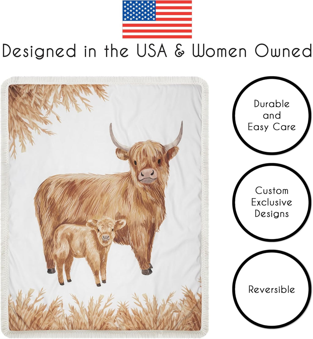 Sweet Jojo Designs 4-Piece Baby Crib Bedding Set (Boho Highland Cow) for Girls/Boys, Infants/Nursery incl. Blanket, Fitted Sheet, Skirt, Diaper Stacker (Taupe Plaid & Farm Animal Watercolor Farmhouse)