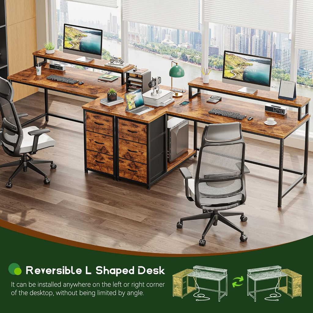 EnHomee 40''L Shaped Desk with 3 Drawers, Computer Desk with Monitor Stand, Small Gaming Desk with Power Outlet, Corner Desk with LED Lights for Gaming, Home Office, Study Room, Rustic Brown
