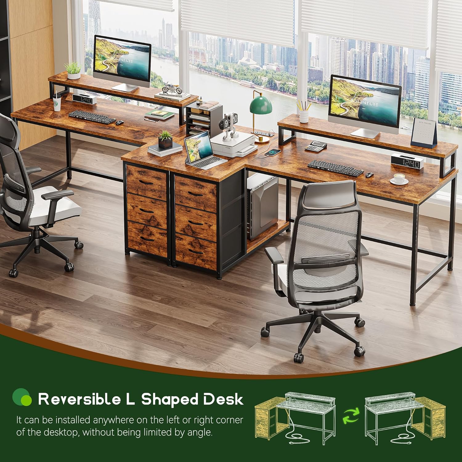 EnHomee 40''L Shaped Desk with 3 Drawers, Computer Desk with Monitor Stand, Small Gaming Desk with Power Outlet, Corner Desk with LED Lights for Gaming, Home Office, Study Room, Rustic Brown