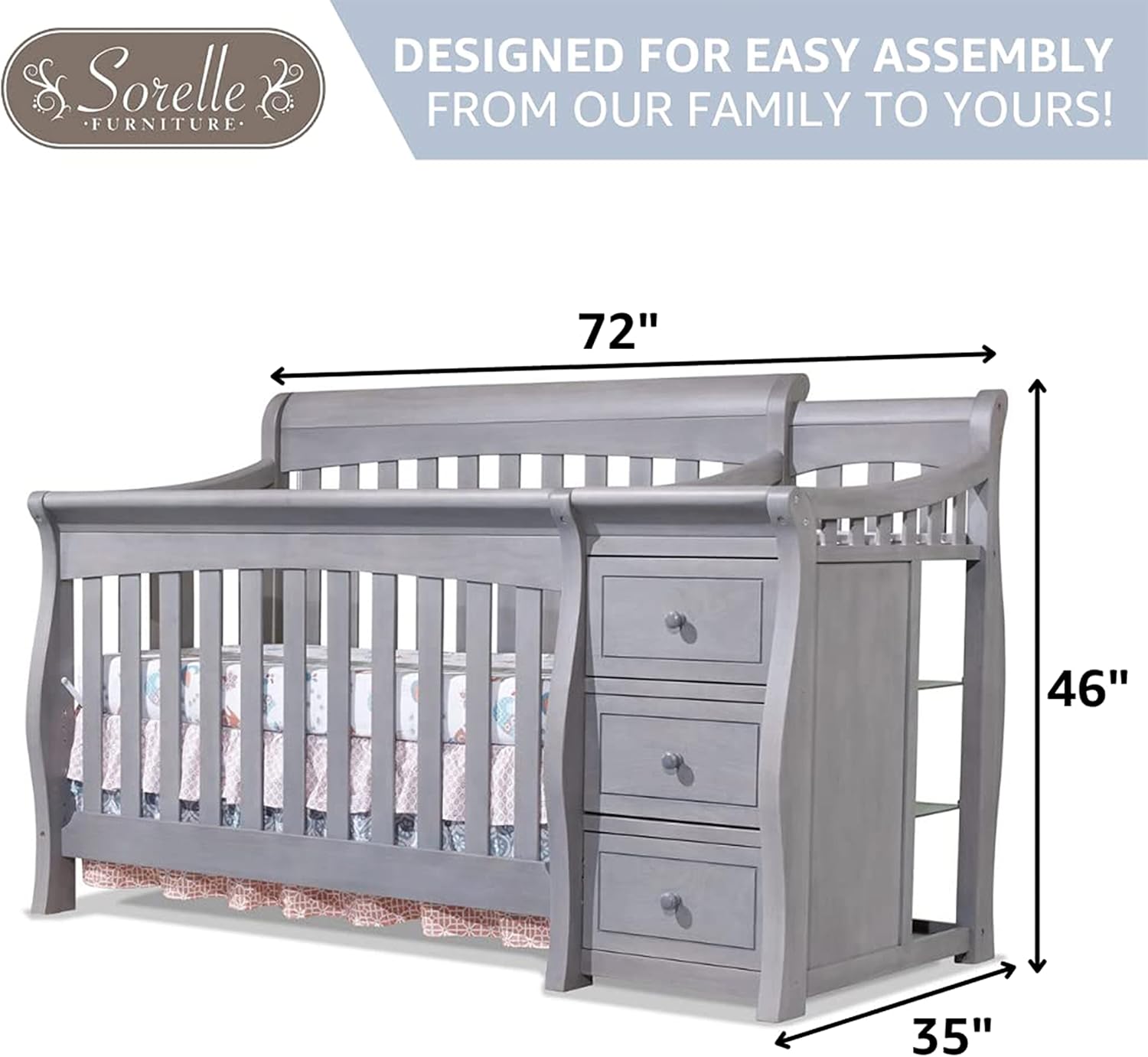 Sorelle Furniture Princeton Elite Crib and Changer Classic -in- Convertible Diaper Changing Table Made of Pine Wood Non-Toxic Wooden Baby Bed Toddler Childs Daybed Full-Size Nursery - Weathered Grey