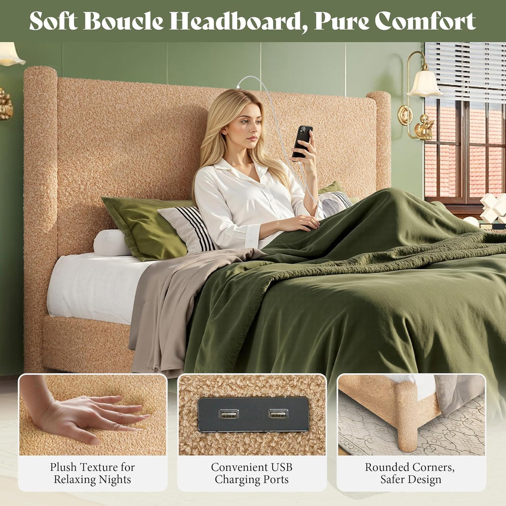 AMERLIFE Queen Boucle Cloud Upholstered Bed Frame with Cylinder Headboard, Modern Platform Structure, Sherpa Boucle Soft Design, No Box Spring Needed, Khaki