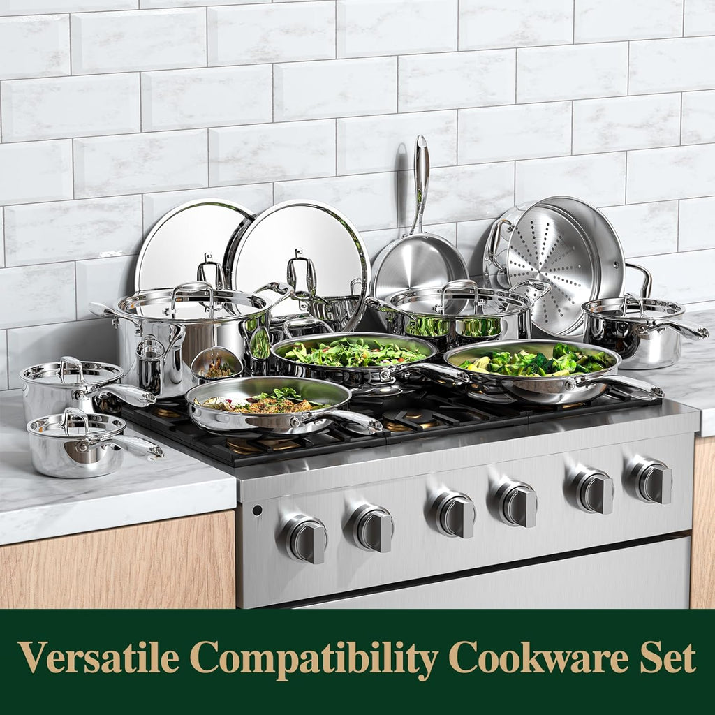 Umite Chef 17Pcs 5 Ply Clad Stainless Steel Cookware Set with Lids, Heavy Duty Pots and Pans Kitchen Set, Induction-Ready, Dual Aluminum Core for Even Heat, Cool Grip Handles, Dishwasher Safe