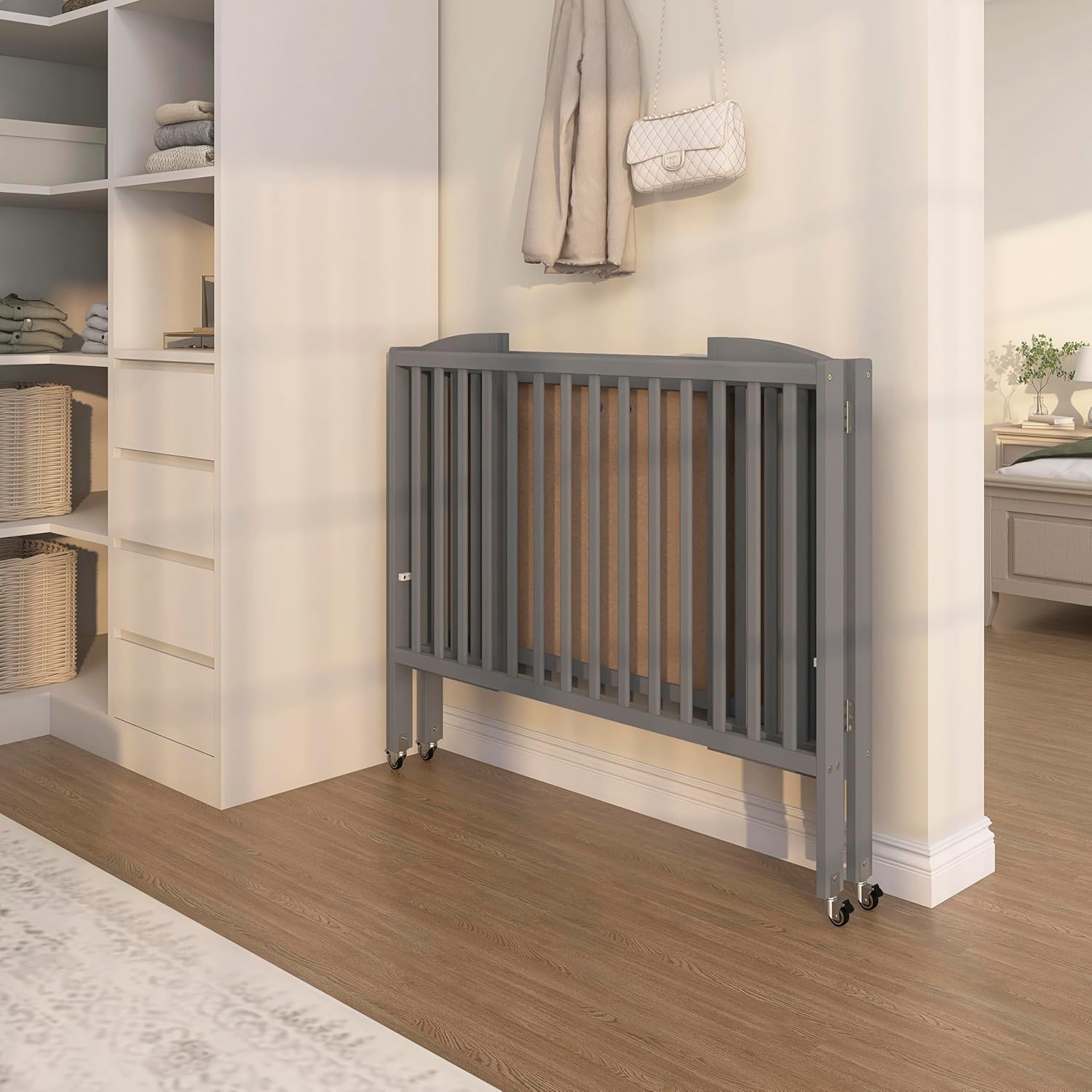 Dream On Me Full-Size 2-in-1 Folding Baby Crib in Steel Grey, GreenGuard Gold & JPMA, Portable, Patented Quick Folding System, Strong Wheels, 2 Adjustable Mattress Heights