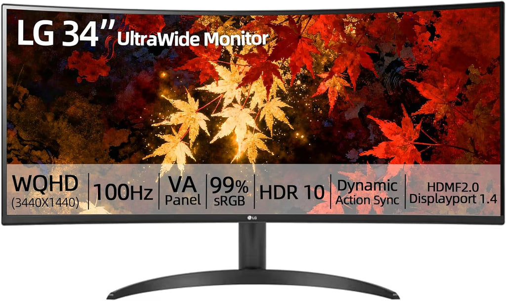 LG 34" WQHD Curved Monitor, 100Hz IPS HDR 10, AMD FreeSync, PBP, Auto Input Switch, Dual Controller, 1 x DisplayPort, 2 x HDMI, Black