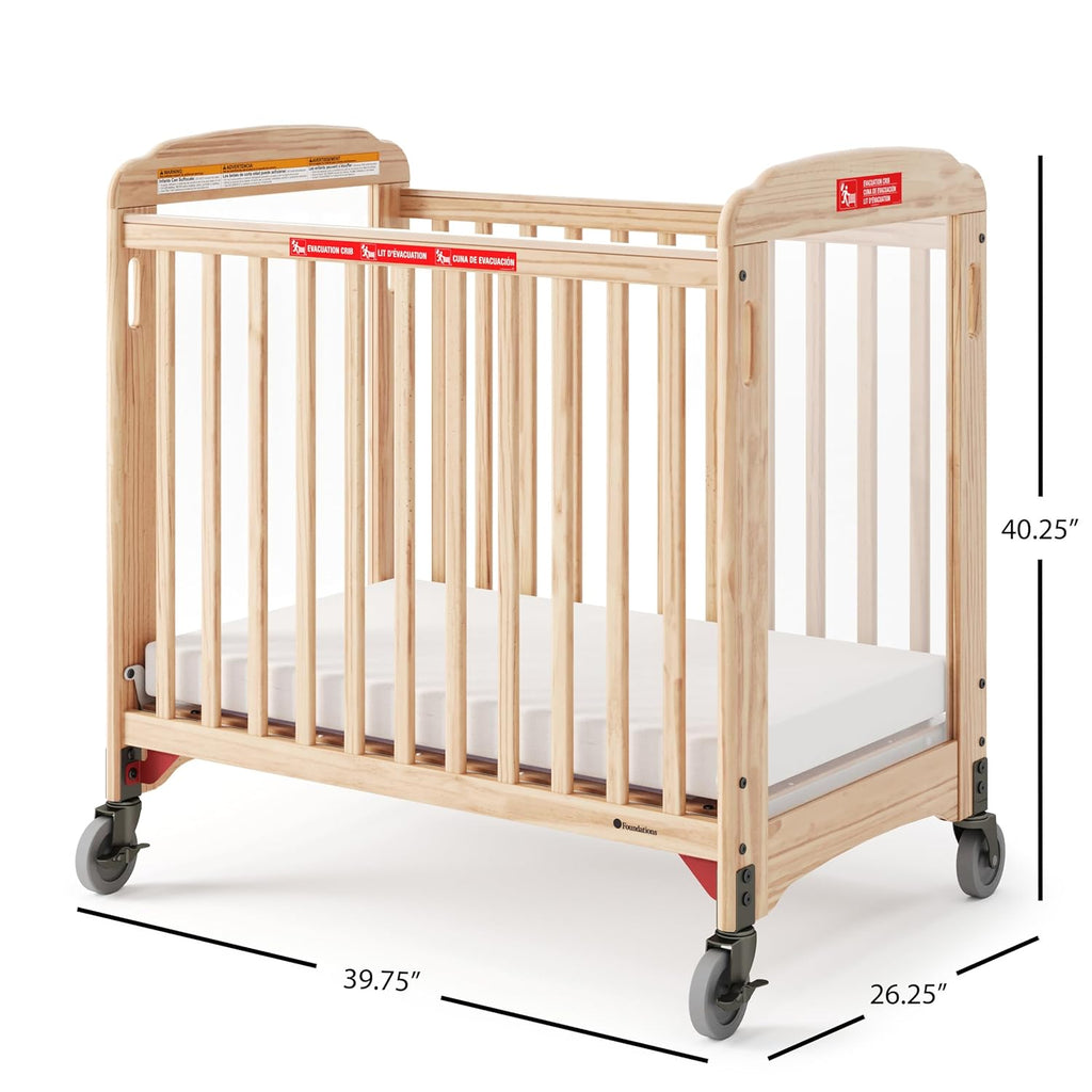 Foundations First Responder Evacuation Fixed-Side Daycare Crib, Features Clearview Panels, Includes Evacuation Frame, 4" Casters, and 3-inch Ultradurable Foam Mattress, Natural