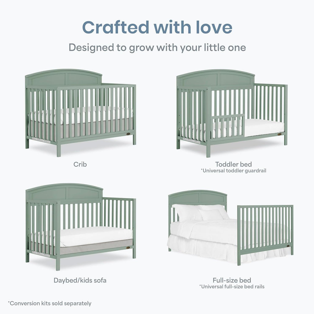 Dream On Me Storybrooke 5-in-1 Convertible Full-Size Baby Crib, GreenGuard Gold & BSA Certified, Convert to Toddler, Day & Full-Size Bed Sustainable Pinewood, 3 Mattress Height Settings - Meadow Green
