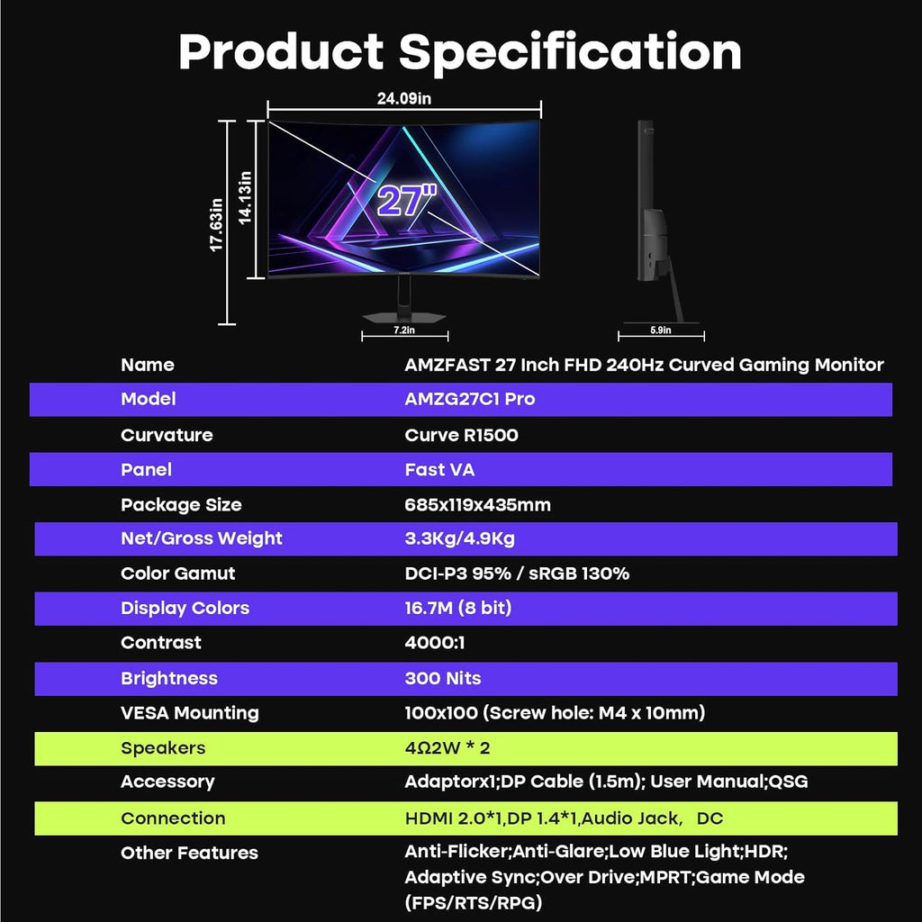 Amzfast 27 inch 240Hz Curved Monitor, FHD 1080p Gaming Monitor, Built-in Speakers, FreeSync, MPRT 1ms, 130% sRGB, 4000:1, 1500R, VESA Mount, HDMI 2.0&DP 1.4, 12 Months Warranty Exchange