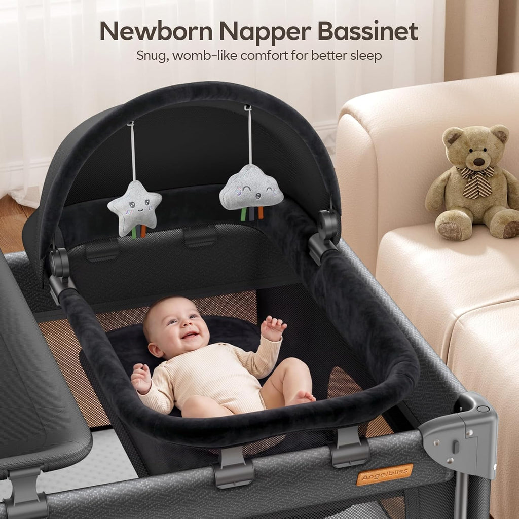 ANGELBLISS Baby Bassinet Bedside Crib, 5-in-1 One-Push Instant Fold Pack and Play with Changing Table, Napper Bassinet, Mattress & Mosquito Net, Portable Playard for Newborns to Toddlers