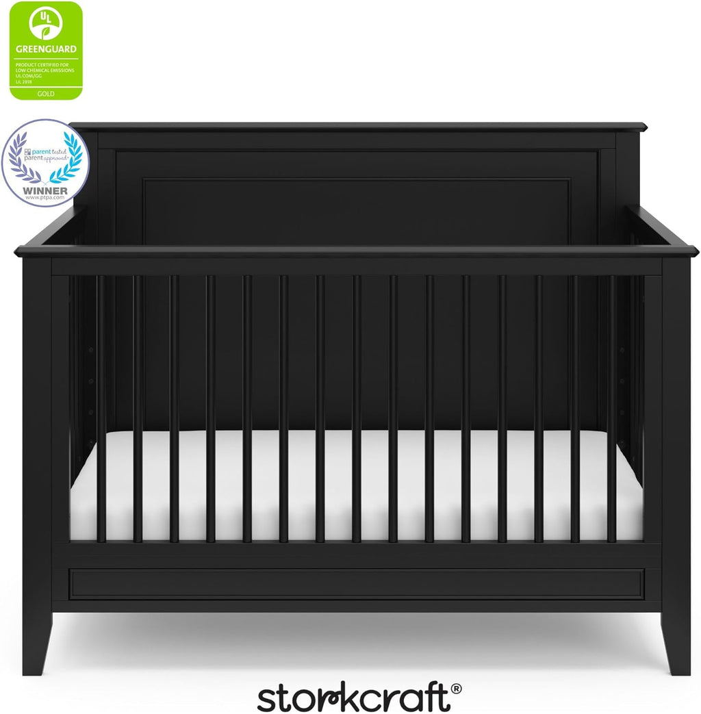 Storkcraft Solstice 5-In-1 Convertible Crib – GREENGUARD Gold Certified, Converts to Toddler Bed and Full-Size Bed, Fits Standard Full-Size Crib Mattress, Adjustable Mattress Support Base (Black)