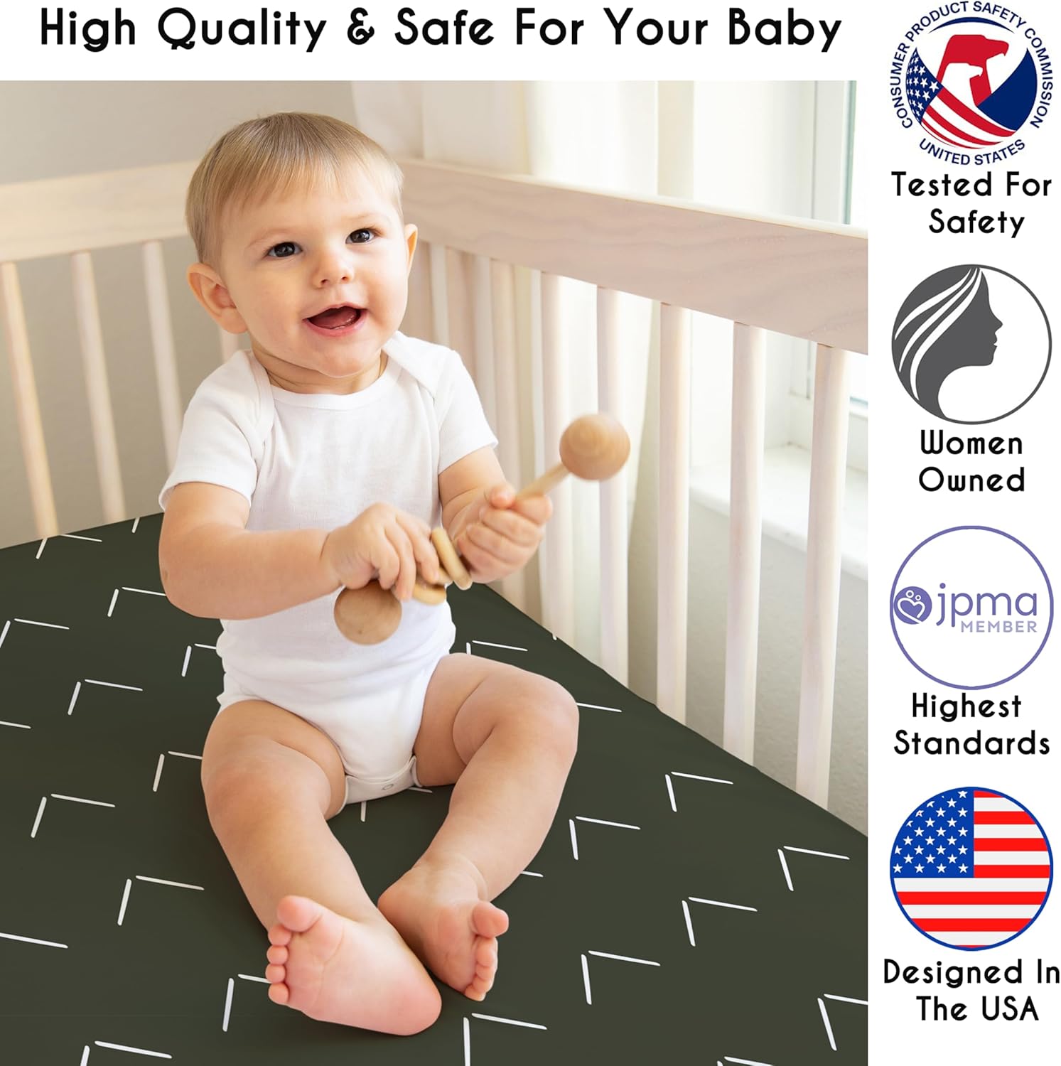 Sweet Jojo Designs 4-Piece Baby Crib Bedding Set (Boho Chic) for Boys or Girls, Infants/Nursery incl. Cotton Blanket, Fitted Sheet, Skirt, Diaper Stacker (Sage Green, Gender Neutral, Unisex Farmhouse)