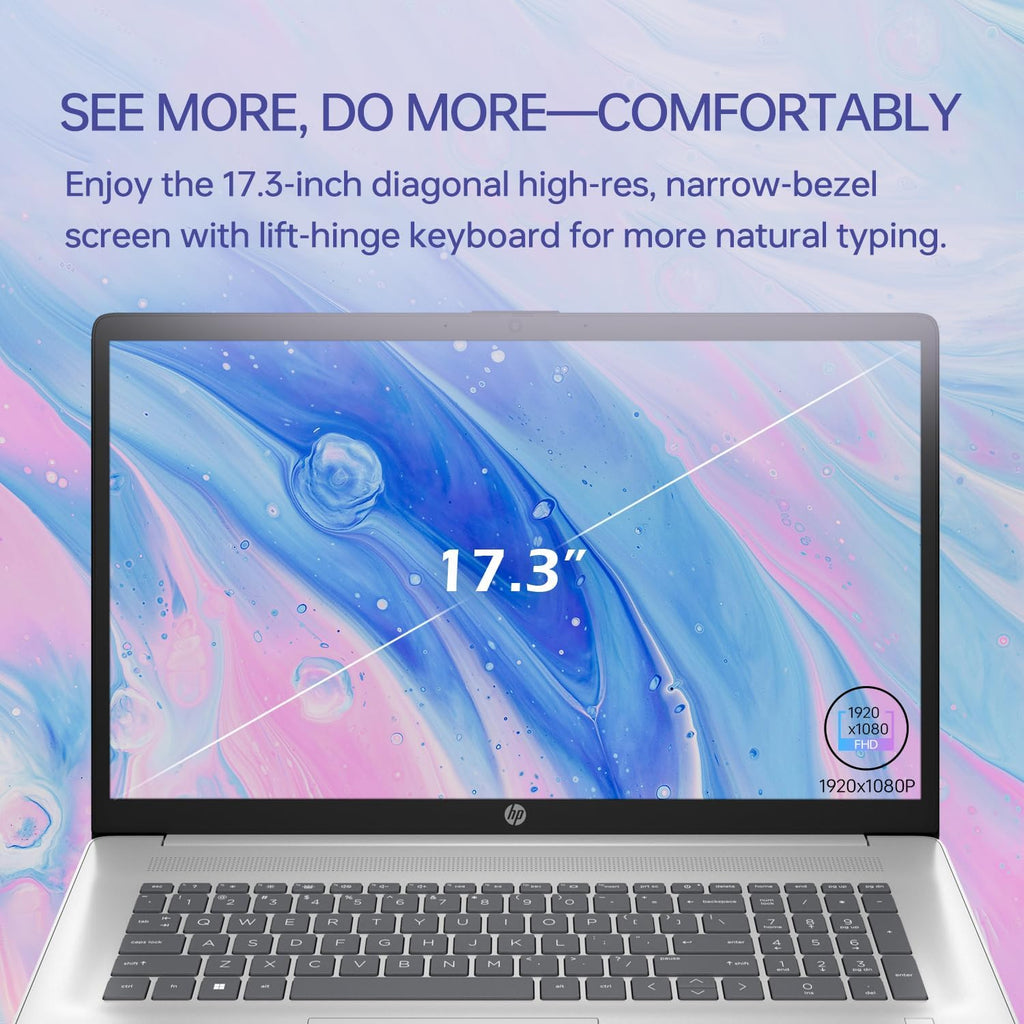 HP 17t Performance Business Laptop, 17.3" FHD, Intel Core i7-1355U, 16GB RAM, 1TB SSD, Fingerprint Reader, HDMI, SuperSpeed USB, Wi-Fi 6, Backlit Keyboard, Windows 11 Pro, Silver