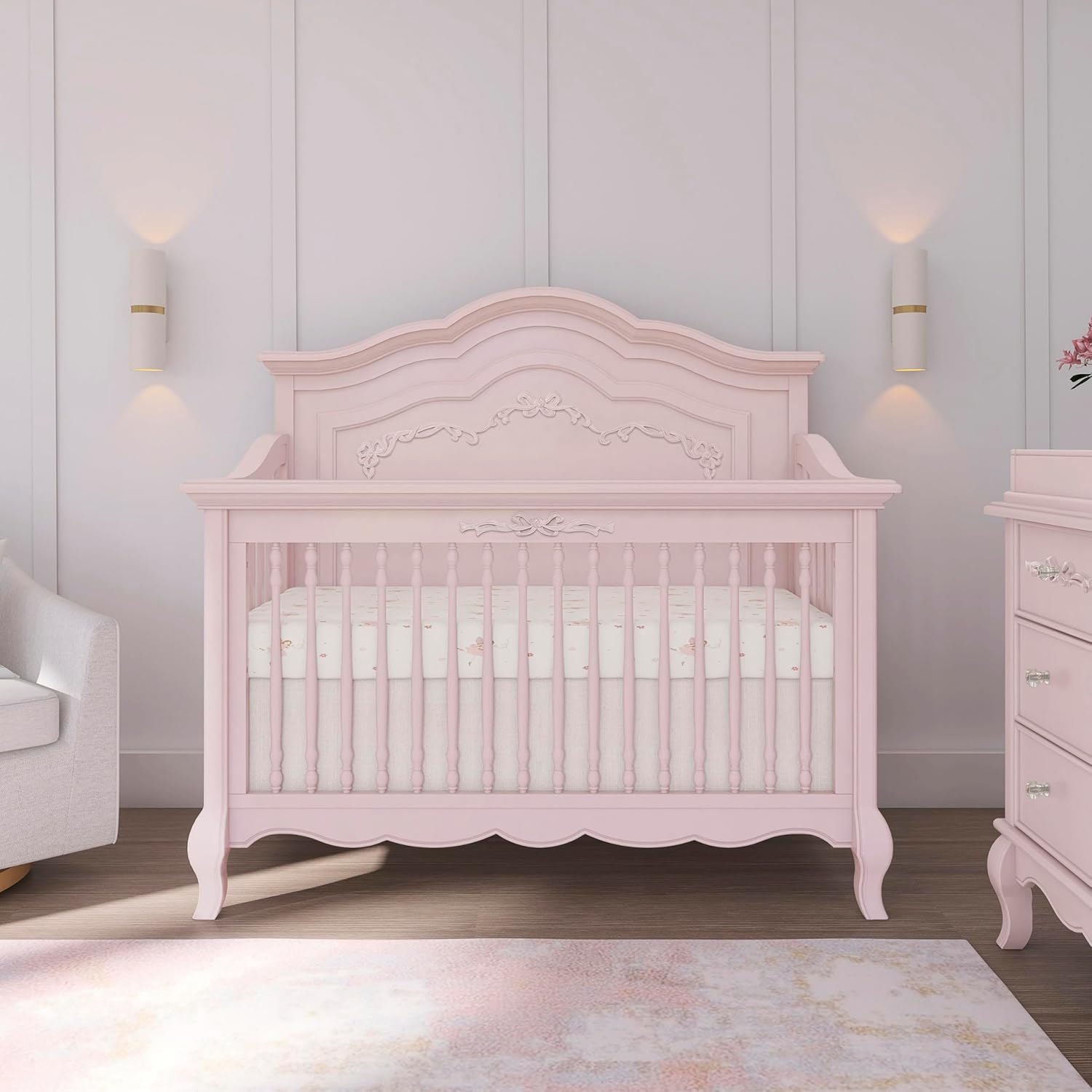 Evolur Aurora 5-in-1 Convertible Full-Size Baby Crib in Dusty Rose, 3 Mattress Heights, Ribbon Bow Scrollwork & Queen Anne Feet, Converts to Toddler, Day & Full-Size Bed