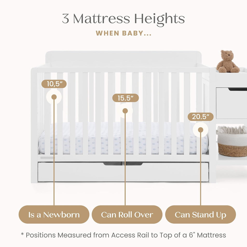 Delta Children Maya 5-in-1 Convertible Crib and Changer with Storage, Converts to Toddler Bed, Daybed, Sofa & Full Bed, Fits Standard Crib Mattress, 3 Mattress Heights for Baby Nursery, Bianca White