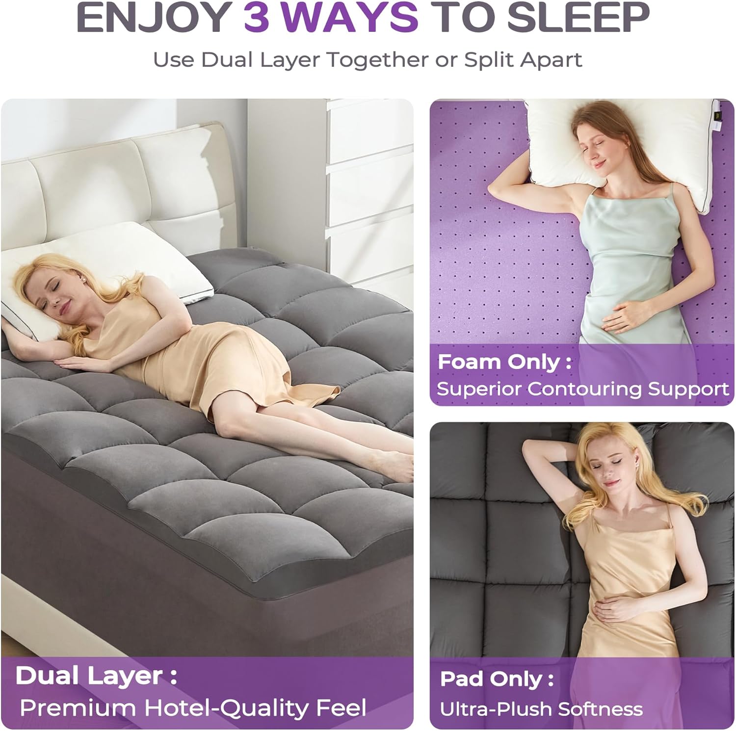 SINWEEK Dual Layer 5 Inch Memory Foam Mattress Topper King Size, 2 Inch Gel Memory Foam Plus 3 Inch 1450 GSM Down Alternative Quilted Pillow Top Mattress Pad Cover, Dark Gray