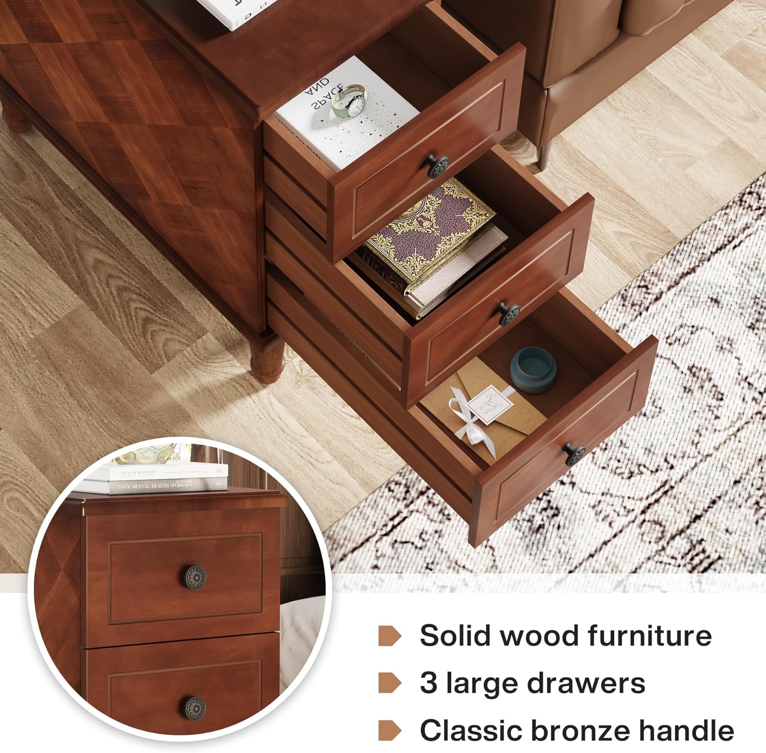 Tribesigns Solid Wood End Table Set of 2, Fully Assembled Narrow Side Table with Drawers, Pre-Assembled Nightstand Slim Bedside Table for Small Spaces, Living Room, Bedroom, Brown