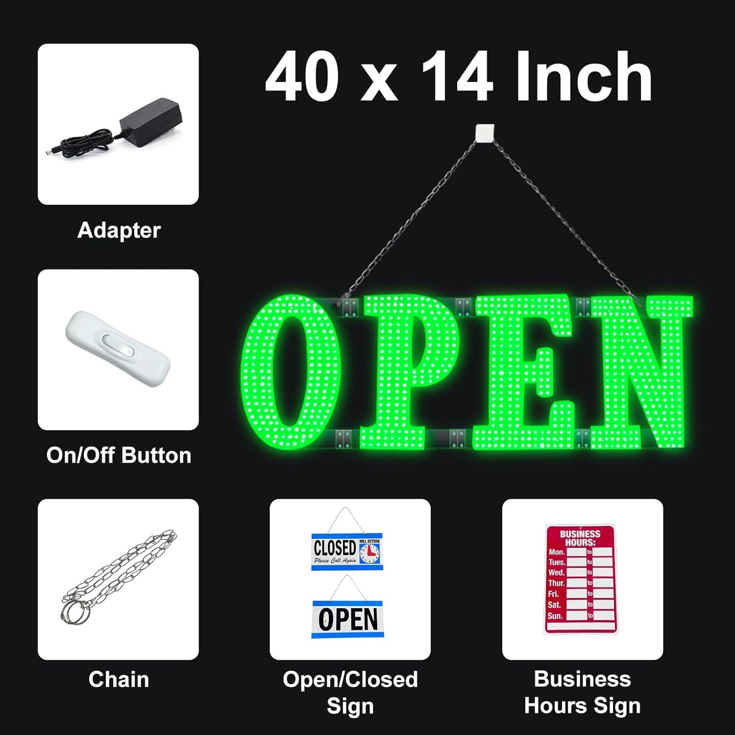 40"x14" Large LED Open Signs for Business Super Bright Unique Design Open Sign with Hanging Installation for Window Stores Bar Hotel Retail Shops Salon Restaurant Office Green