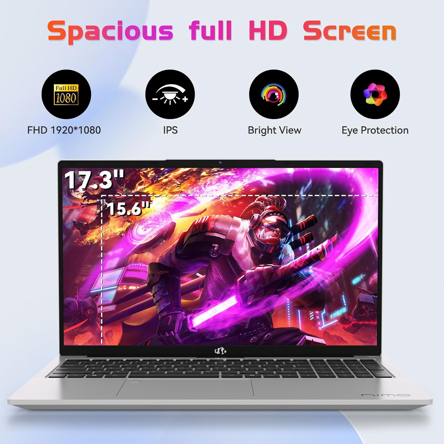 NIMO 17.3" Laptop, Intel 6 Cores I3-1215U (Up to 4.4GHz, Beat R5 7520U), 8GB RAM 128GB SSD, 65W Fast PD 180° Viewing Wi-Fi 6 Backlit Keyboard Computer for Business Work Creator Student Study and Home