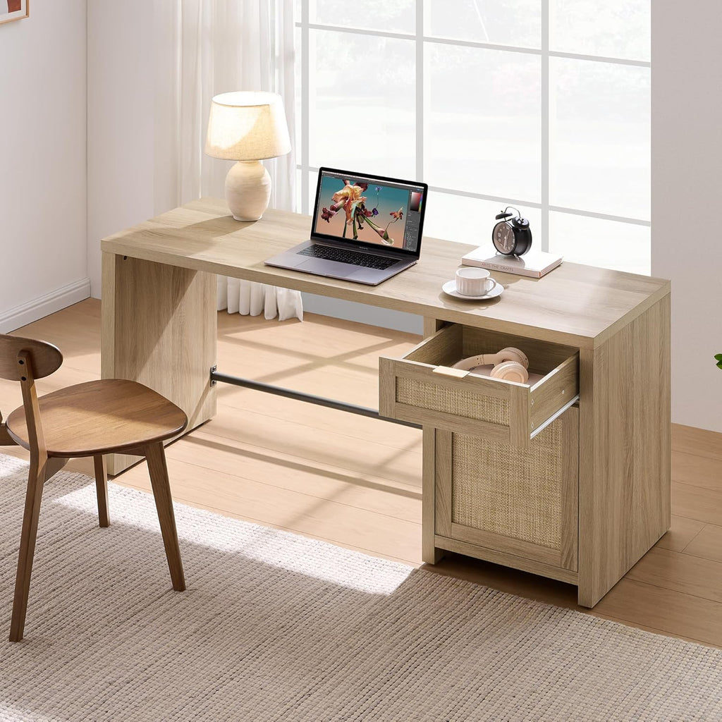 SICOTAS Rattan Home Office Desk with Drawer, 59" Farmhouse Boho Executive Desk with Storage Cabinet, Large Computer Writing Table Vanity Desk for Office, Study, Living Room, Light Oak