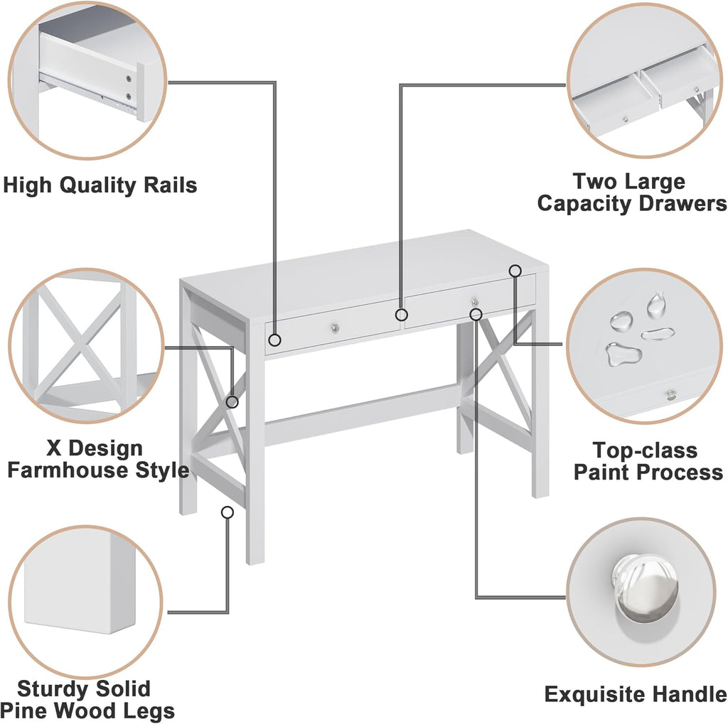 ChooChoo Computer Desk Study for Home Office, Modern Simple 40 Inches Desk with Drawers, Makeup Vanity Console Table, White