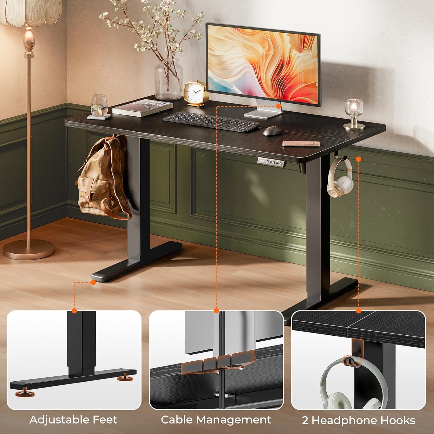 Huuger 48 x 28 Large Electric Standing Desk, Height Adjustable Desk, 27.6" Deep Desktop, Stand up Gaming, 2 Hooks, 3 Preset Heights, for Home Office, Black
