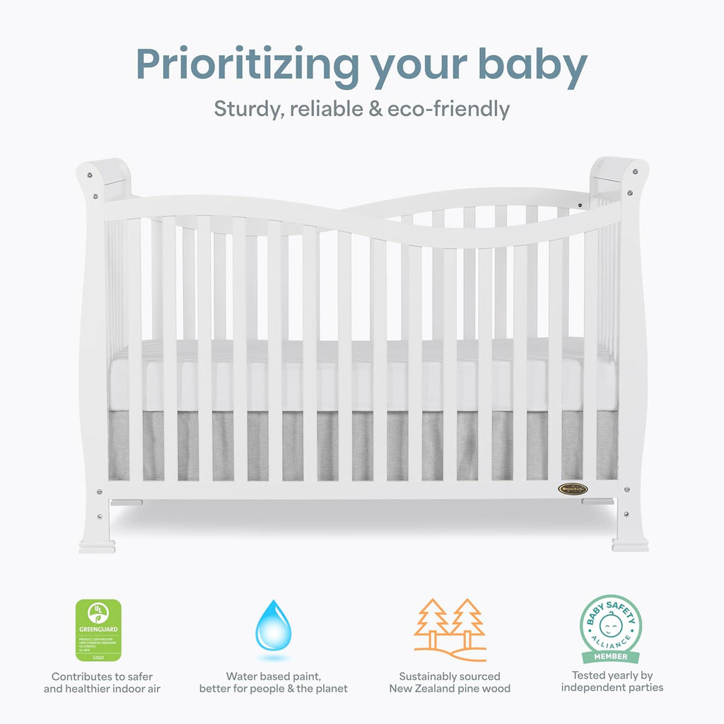 Dream On Me Violet 7-in-1 Convertible Full-Size Baby Crib with Toddler, Day & Full Bed Conversion in White, GreenGuard Gold & BSA, 3 Mattress Heights, Sustainable Pinewoo