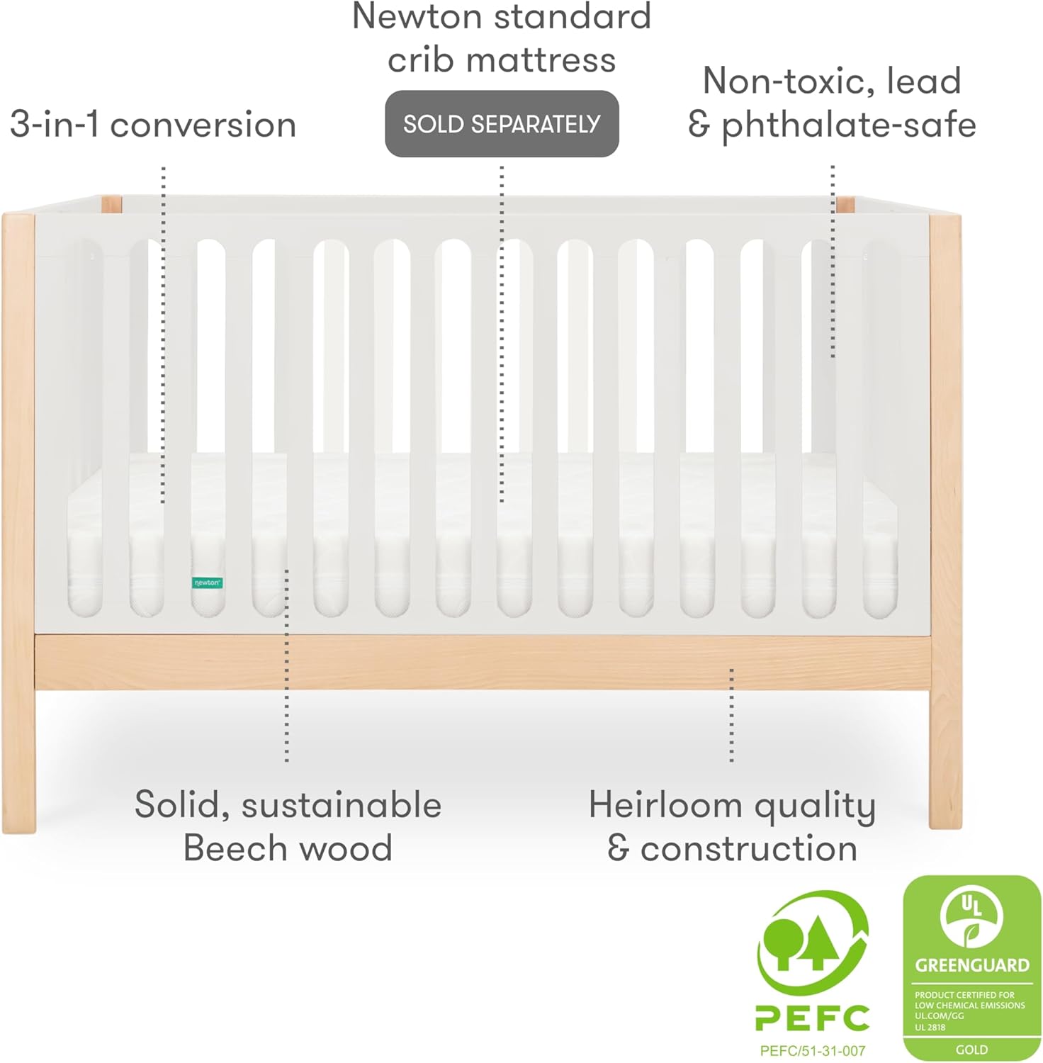 Newton Baby Galileo Standard Crib, Solid Beech Wood in Natural/Dove 2-Tone Color, 3-in-1 Convertible Crib with Toddler Bed Conversion Kit, Ultra-Safe Non-Toxic Finish