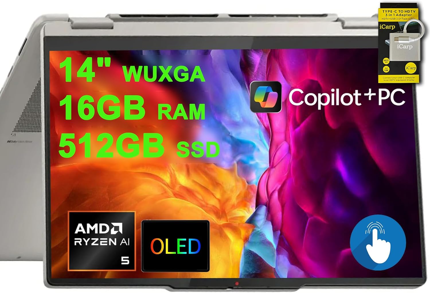 Lenovo Yoga 7 2-in-1 Laptop 14" WUXGA OLED Touch (100% DCI-P3, 600nits HDR) AMD 6-core Ryzen AI 5 340 (Up to 50 Tops) 16GB RAM 512GB SSD for Creator Business Professional Win11 ICP Hub w/Copilot AI