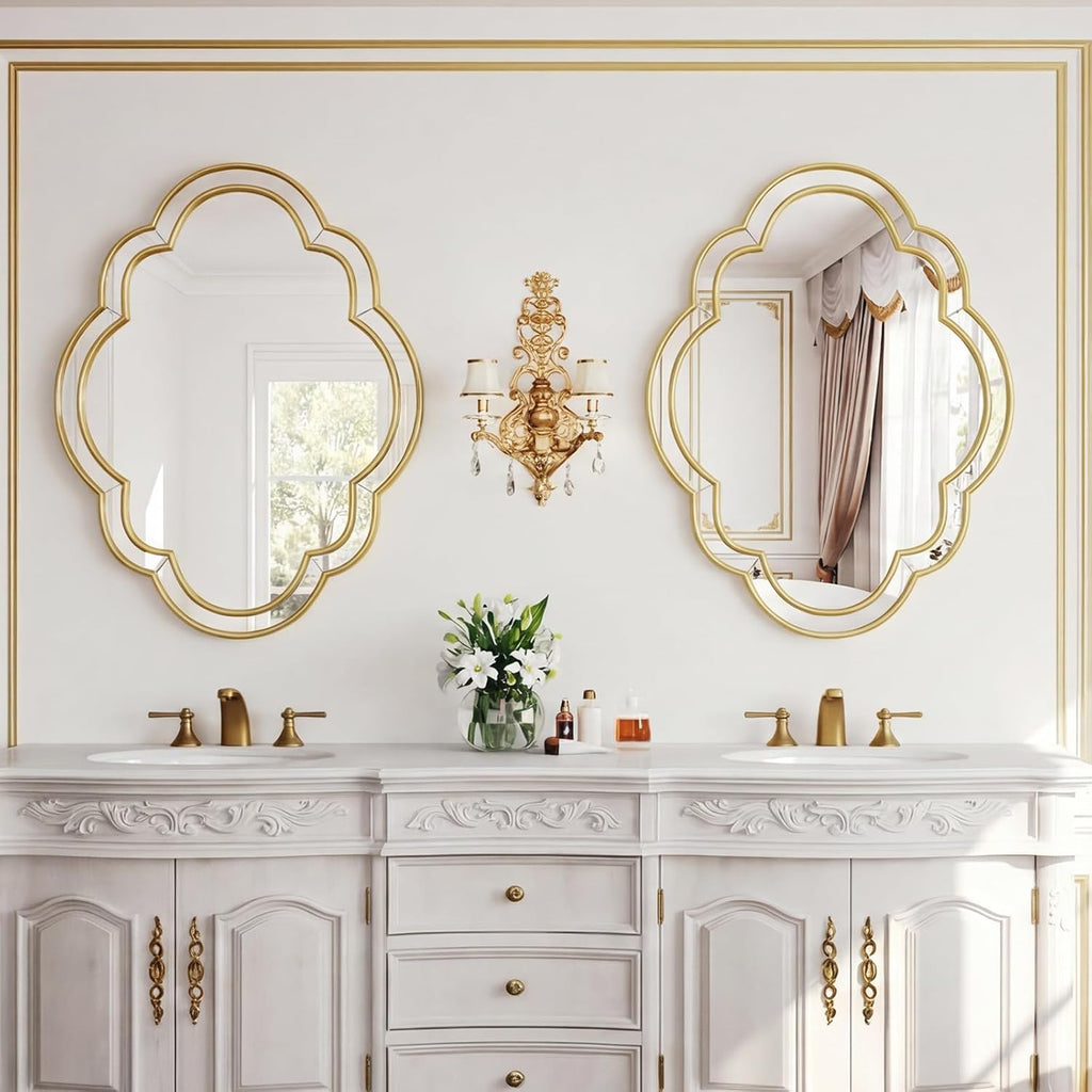 CozyDH Gold Scalloped Wall Mirror Decor - 32"x24" Decorative Wavy Mirror Large, Decorative Wall Art for Bathroom Entryway Fireplace Living Room Bedroom Hallway