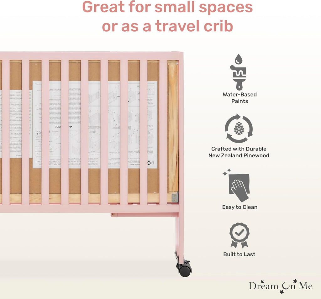 Dream On Me Quinn Full-Size Portable Baby Crib in Blush Pink, GreenGuard Gold & JPMA, Patented Quick Fold System, Adjustable Mattress Support, Smooth Wheels, Compact Design, Safe Sleep Assurance