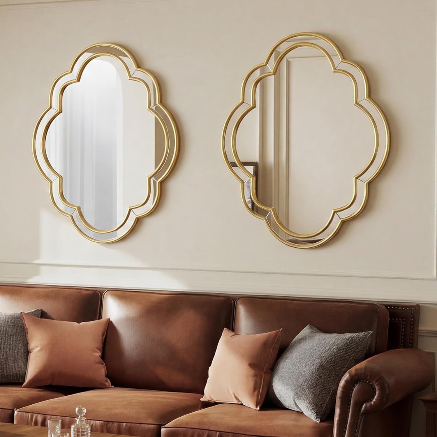 CozyDH Gold Scalloped Wall Mirror Decor - 32"x24" Decorative Wavy Mirror Large, Decorative Wall Art for Bathroom Entryway Fireplace Living Room Bedroom Hallway