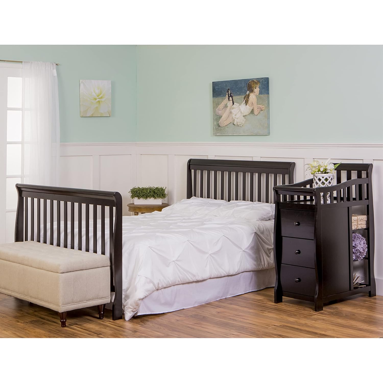 Dream On Me Brody 5-in-1 Convertible Full-Size Baby Crib & 3-Drawer Changer in Black, Pinewood, GreenGuard Gold & BSA, 1” Changer Pad, 3 Mattress Heights, Converts to Toddler & Full Size Bed