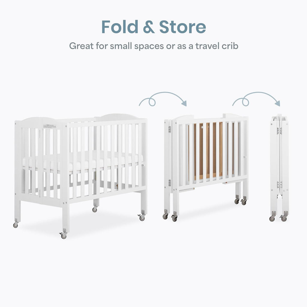 Dream On Me 2-in-1 Portable Mini Crib, Non-Full Size Baby Crib for Small Spaces, 2 Mattress Heights, Compact Travel Design, Includes Mattress, GREENGUARD Gold & BSA Certified, White